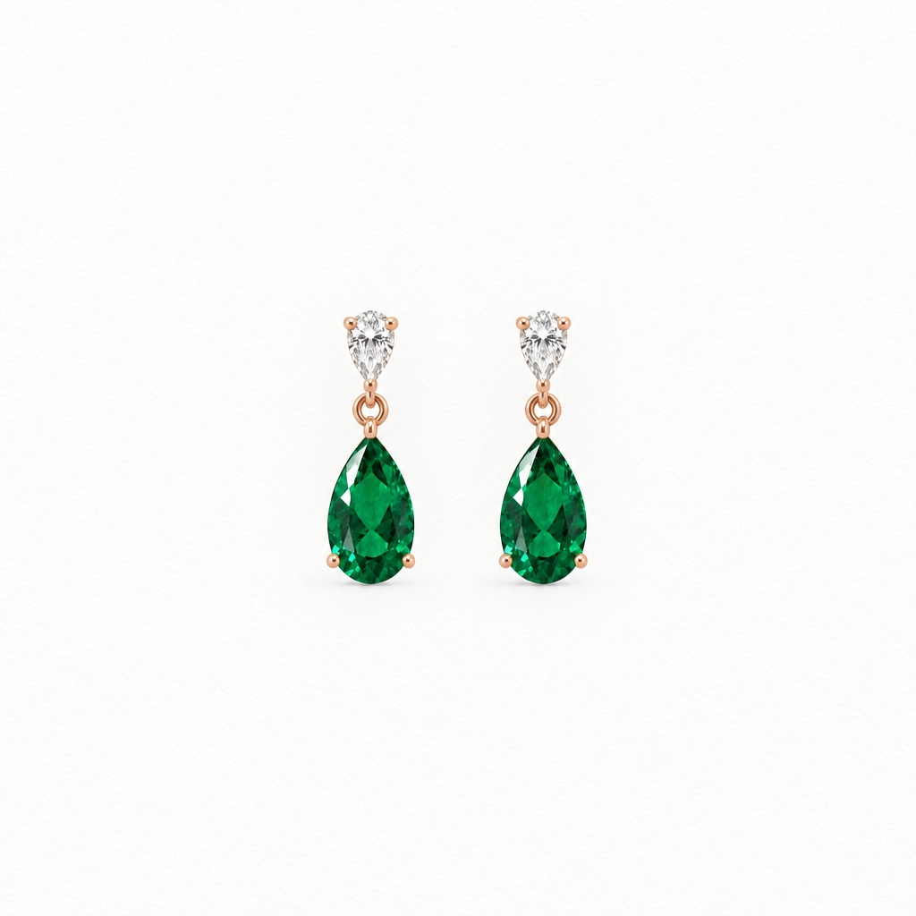 14K Rose Gold Lab Grown Pear Emerald Diamond Drop Earrings - Top view