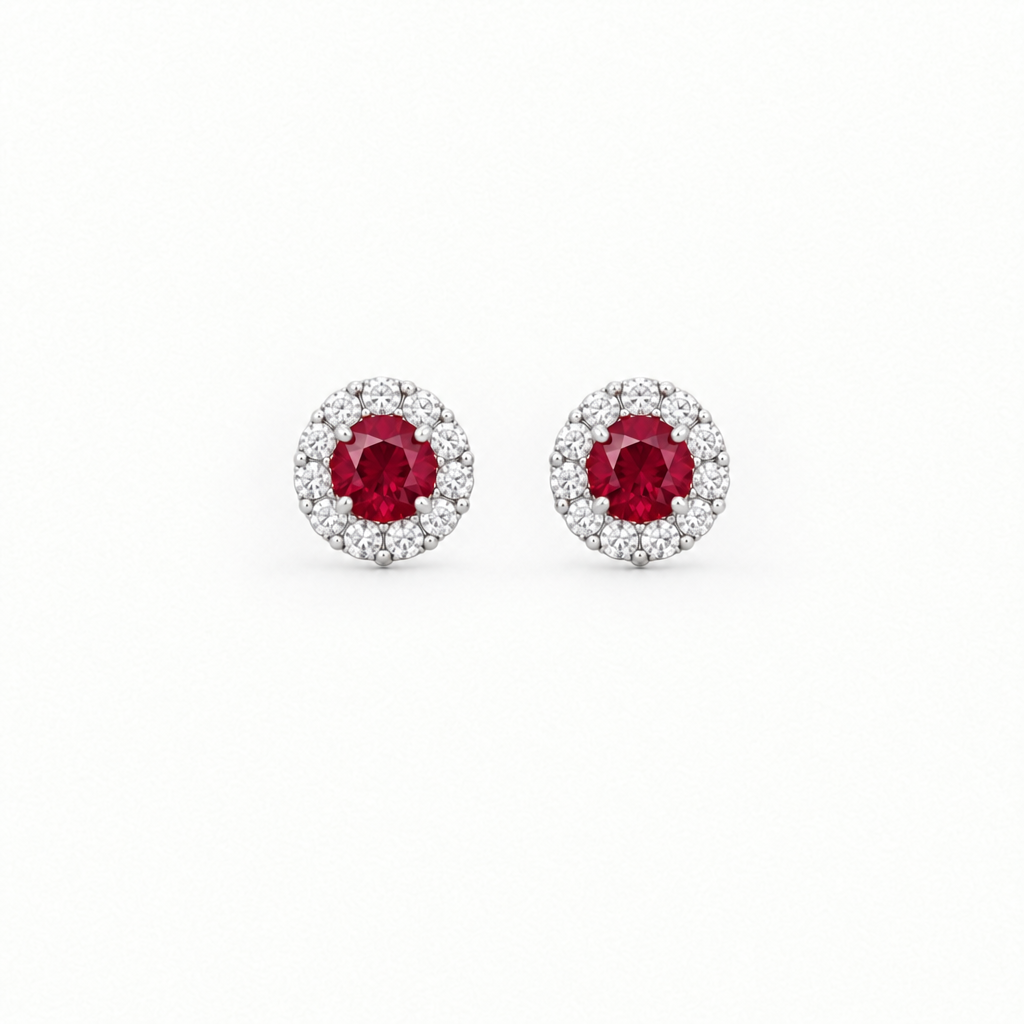 14K White Gold Lab Grown Ruby Diamond Halo Stud Earrings - Top view