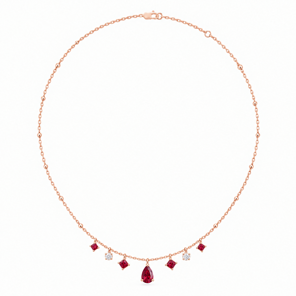 14K Rose Gold Lab Grown Ruby Diamond Station Necklace - View 3