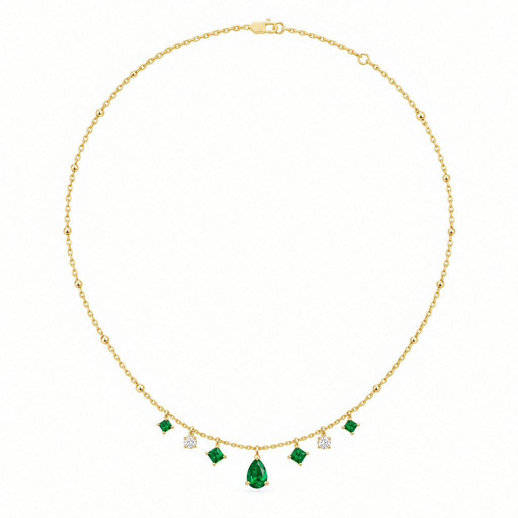 10K Yellow Gold Lab Grown Emerald Diamond Station Necklace - View 3