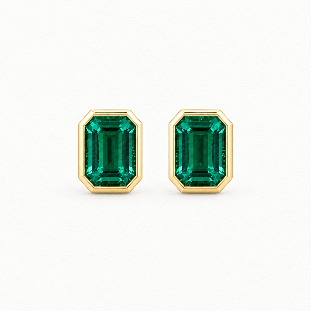 10K Yellow Gold Lab Grown Emerald Bezel Pendant and Stud Set - Stud Earrings