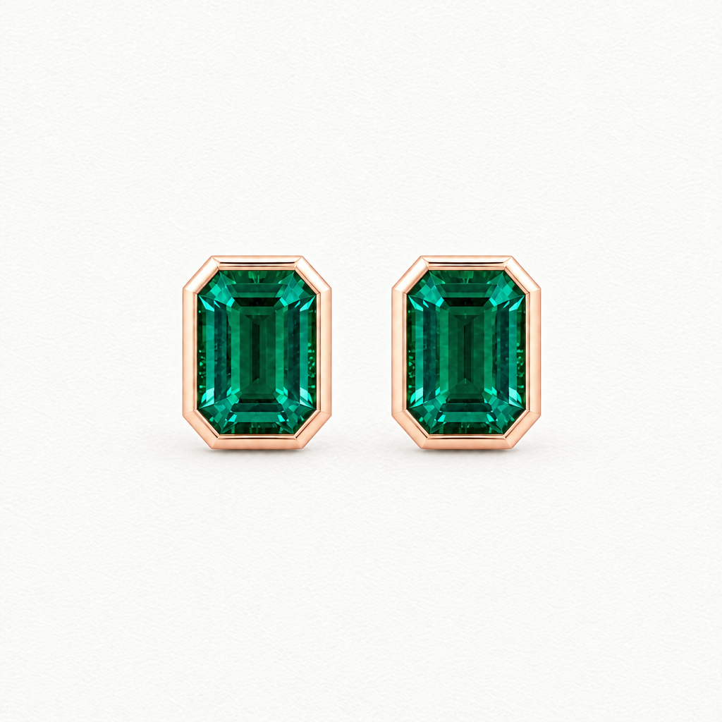 10K Rose Gold Lab Grown Emerald Bezel Pendant and Stud Set - Stud Earrings