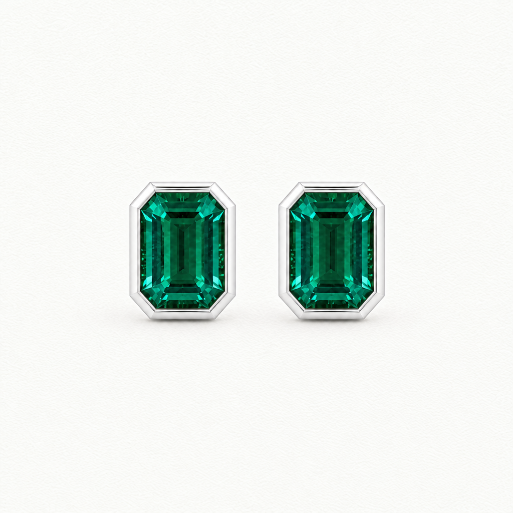 Platinum Lab Grown Emerald Bezel Pendant and Stud Set - Stud Earrings
