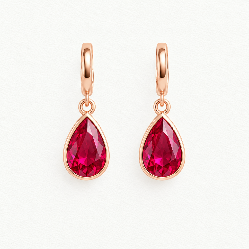 14K Rose Gold Lab Grown Ruby Pear Bezel Pendant and Earring Set - Drop Earrings