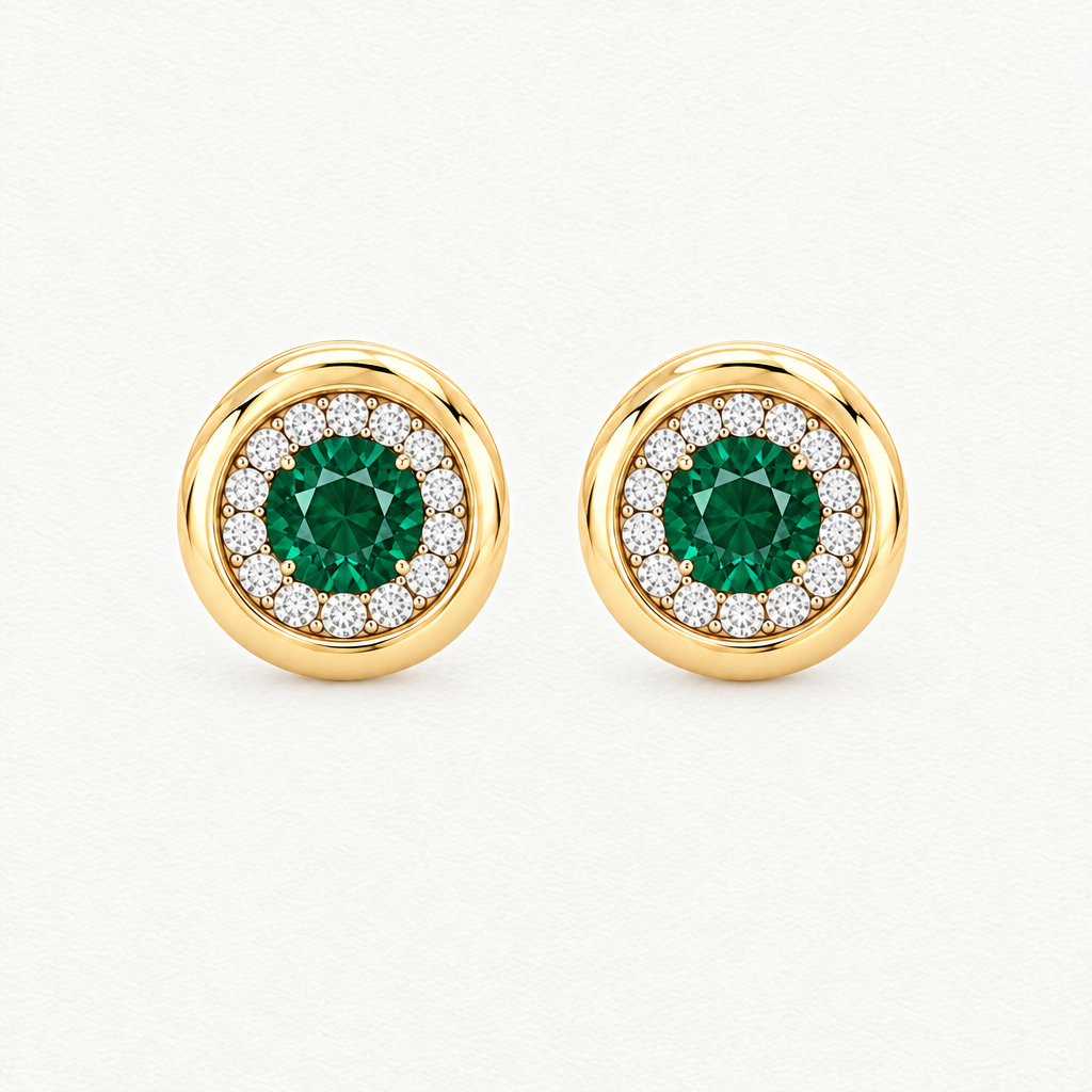 10K Yellow Gold Lab Grown Emerald Diamond Halo Pendant and Stud Set - Stud Earrings
