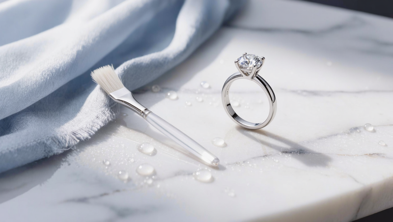 A diamond ring beside a soft cloth and brush