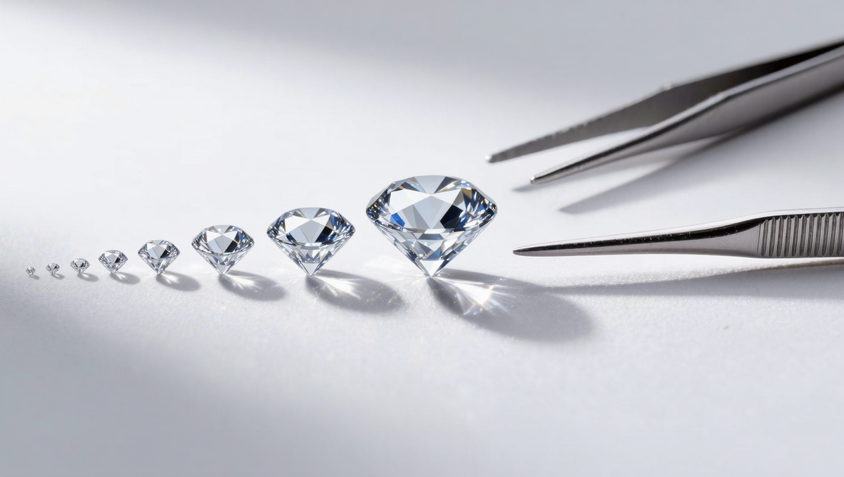 Loose diamonds graduated by size beside jeweller's tweezers