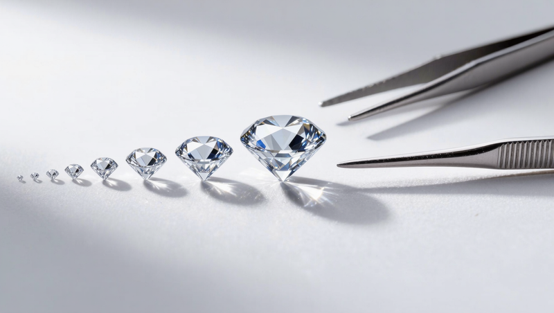 Loose diamonds graduated by size beside jeweller's tweezers