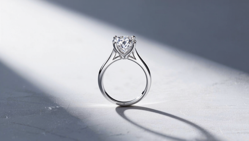 A platinum solitaire engagement ring in soft daylight