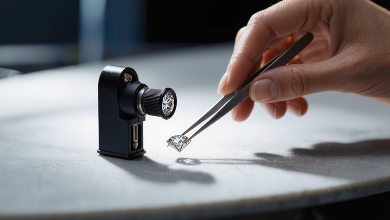 A diamond held in tweezers beside a gemmological loupe