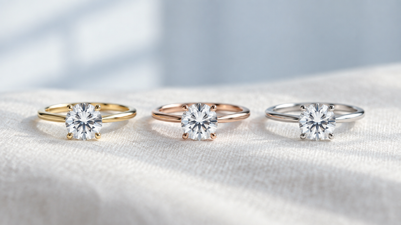 Three identical diamond solitaire rings in yellow gold, rose gold and platinum