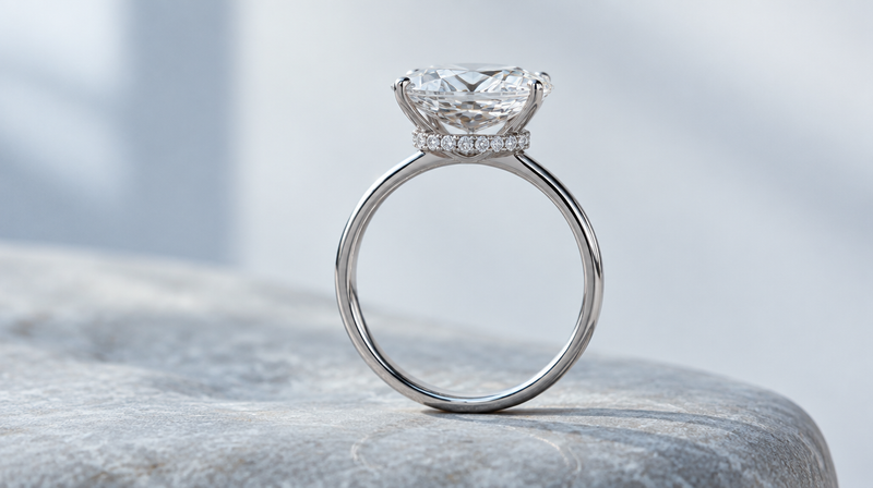 Side view of an oval diamond engagement ring showing the hidden halo beneath the center stone
