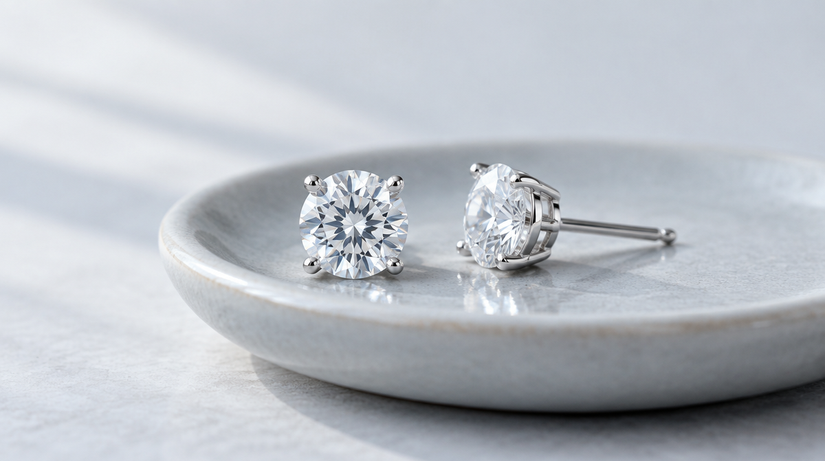 A pair of round lab grown diamond stud earrings in four prong settings