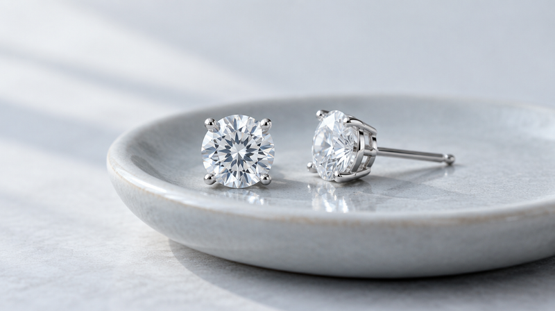 A pair of round lab grown diamond stud earrings in four prong settings