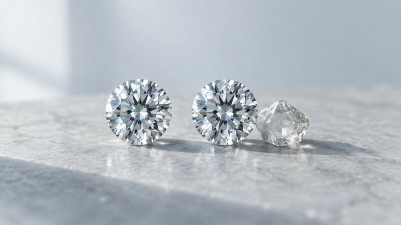 Two round brilliant lab grown diamonds side by side with a rough diamond crystal