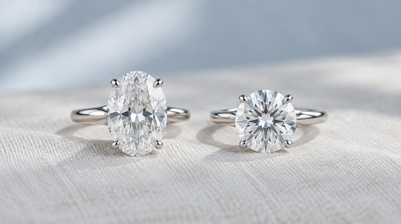 An oval diamond solitaire ring beside a round diamond solitaire ring in platinum