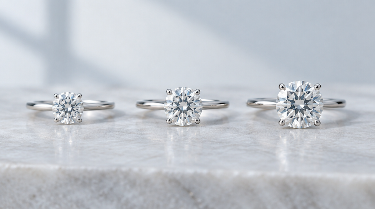 Three solitaire engagement rings with small, medium and large round diamonds for carat size comparison