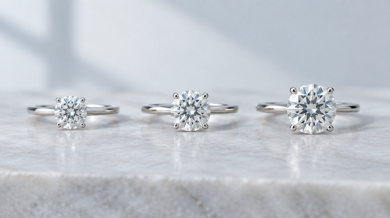 Three solitaire engagement rings with small, medium and large round diamonds for carat size comparison