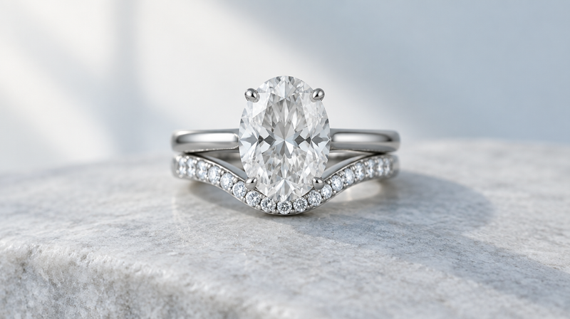 An oval diamond engagement ring stacked with a curved diamond wedding band