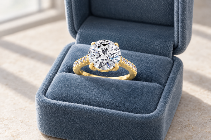 A round diamond solitaire engagement ring in an open ring box
