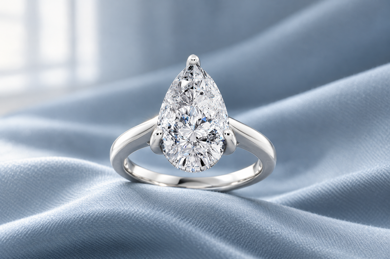 A pear cut diamond solitaire engagement ring with a cathedral band on steel blue silk