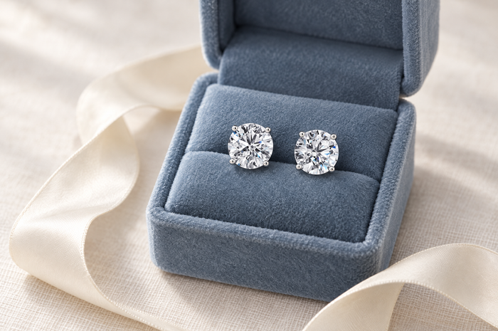 A pair of round diamond stud earrings in an open gift box