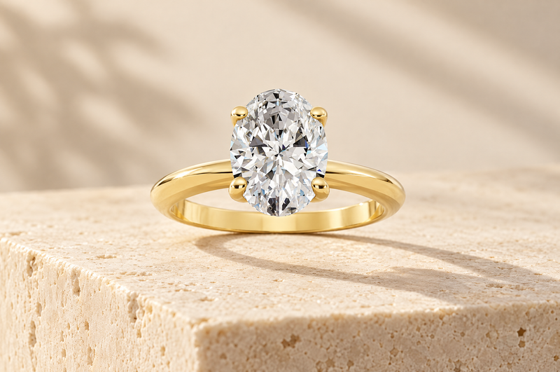 An elongated oval diamond solitaire engagement ring on a yellow gold band