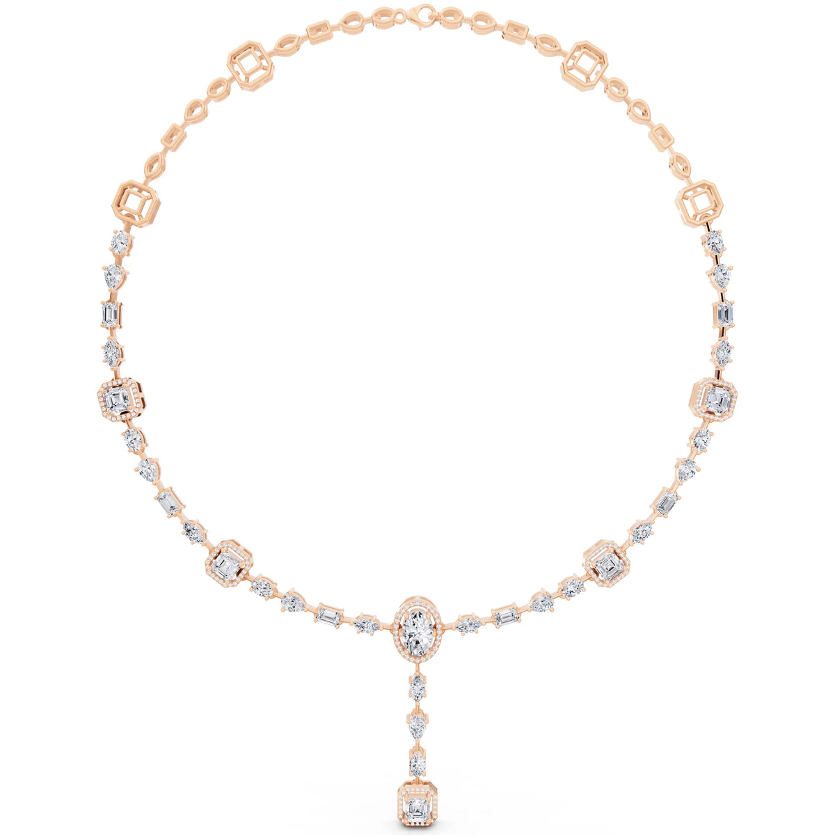 Rose Gold Halo Cascading Lab Grown Diamond Pendant Necklace