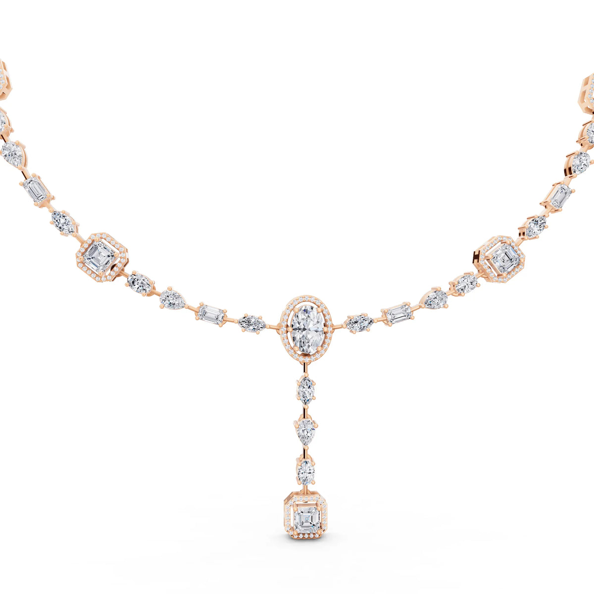 Rose Gold Halo Cascading Lab Grown Diamond Pendant Necklace, view 2