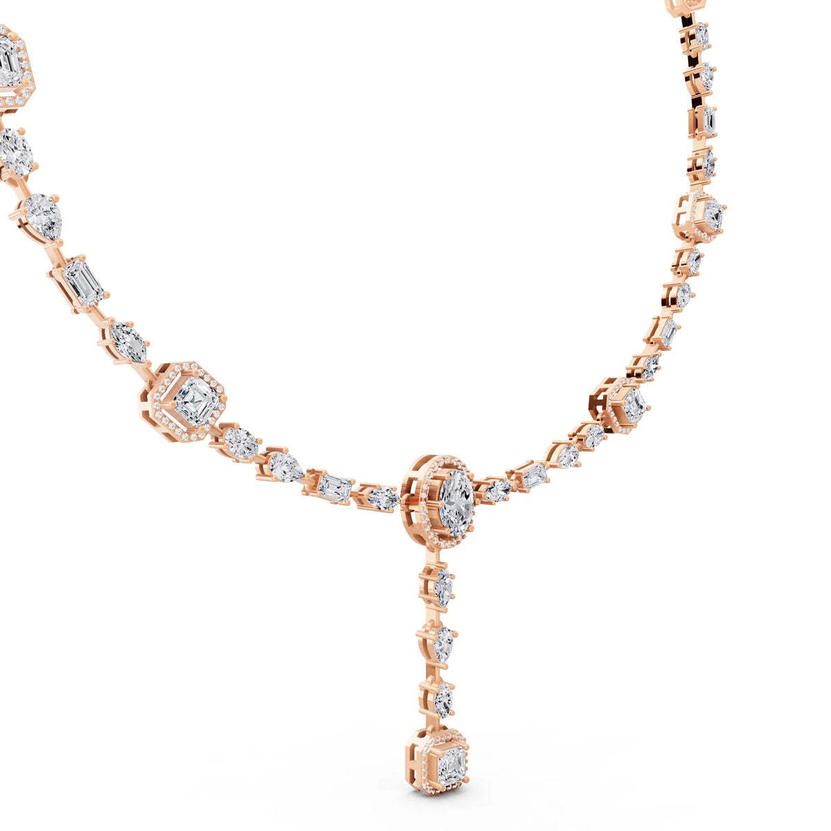 Rose Gold Halo Cascading Lab Grown Diamond Pendant Necklace, view 3