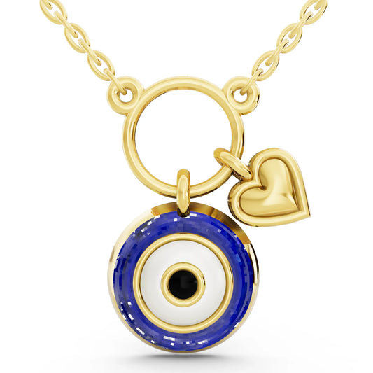 Yellow Gold Evil Eye Heart Charm Pendant Necklace