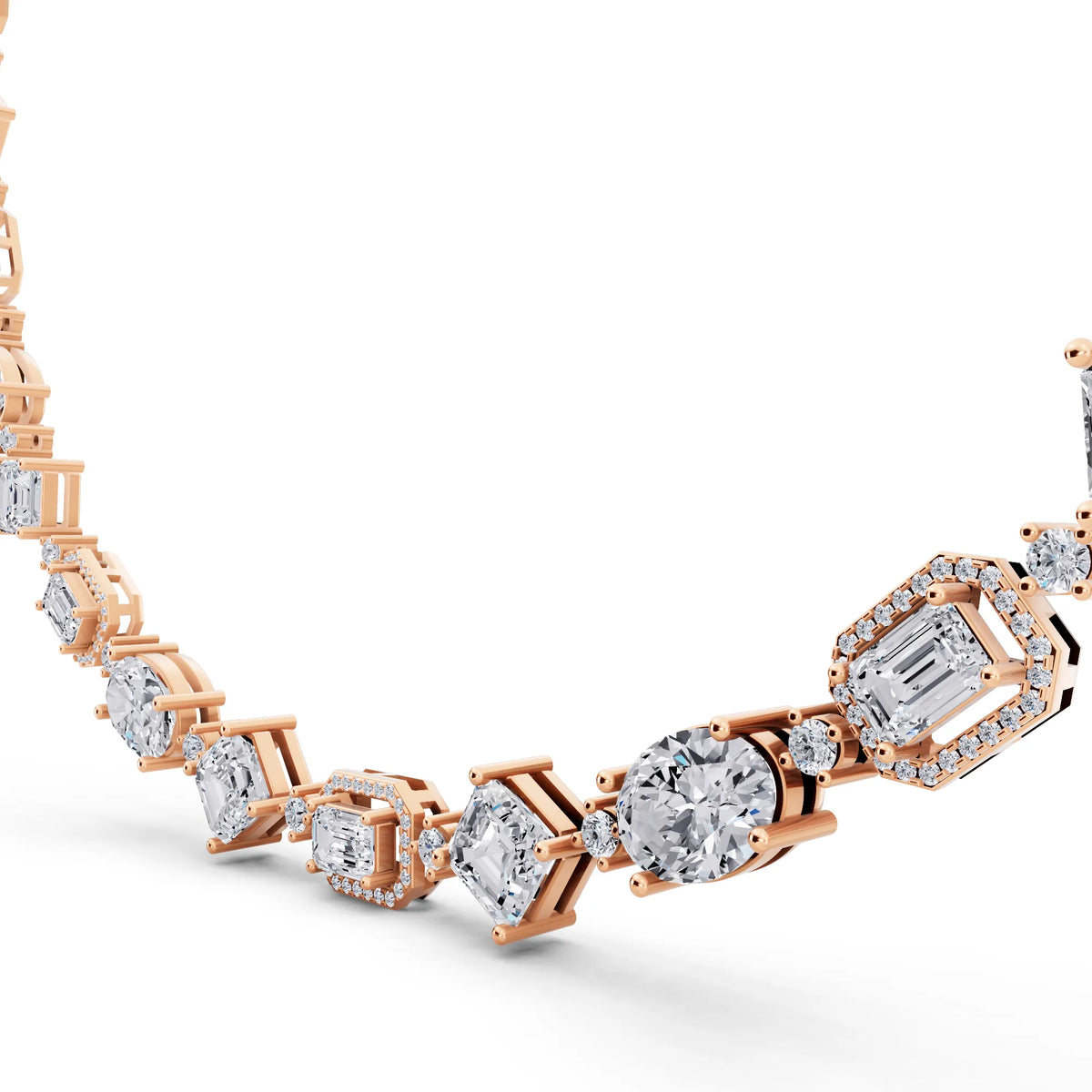 Rose Gold Emerald Round Pear Alternating Lab Grown Diamond Necklace, view 4