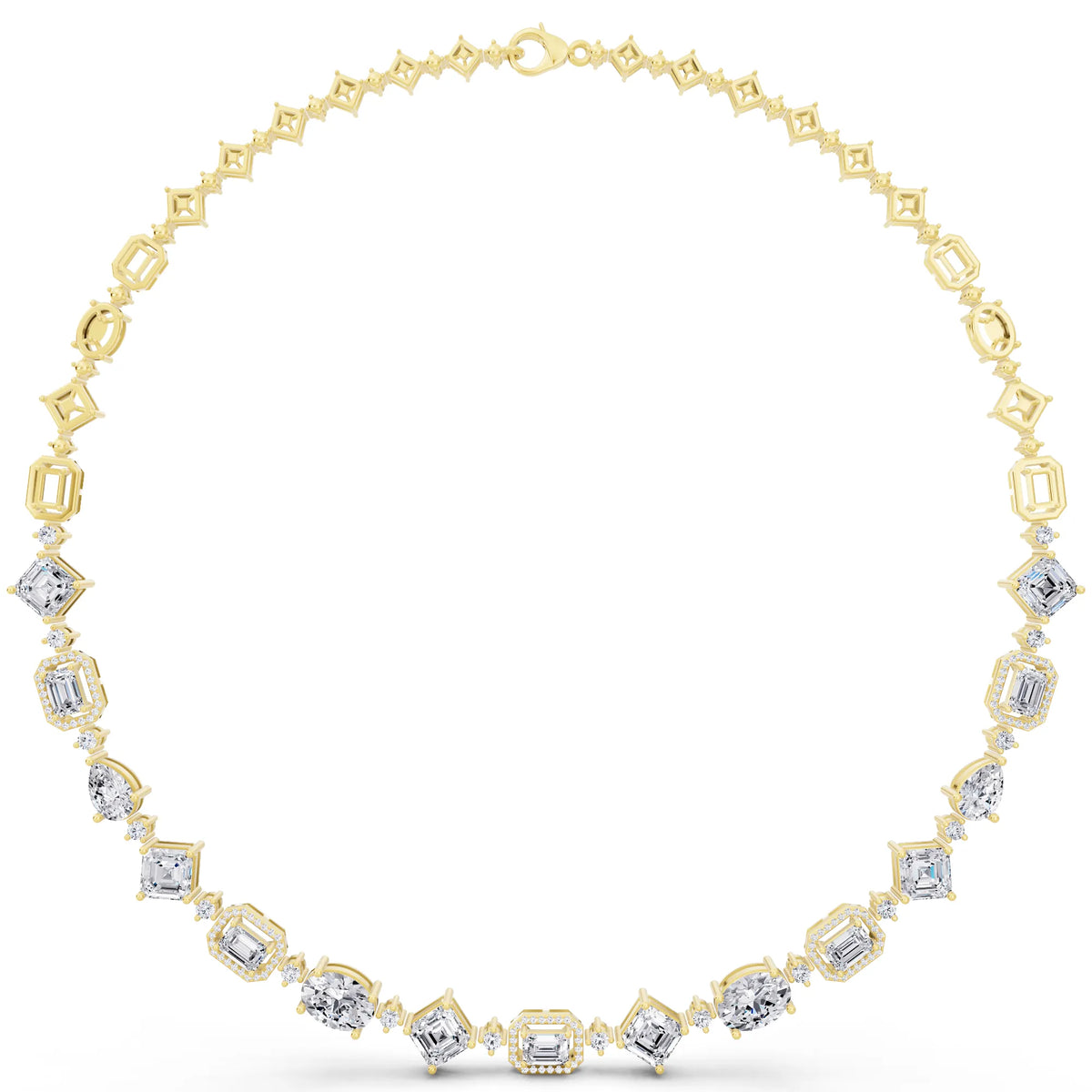 Yellow Gold Emerald Round Pear Alternating Lab Grown Diamond Necklace