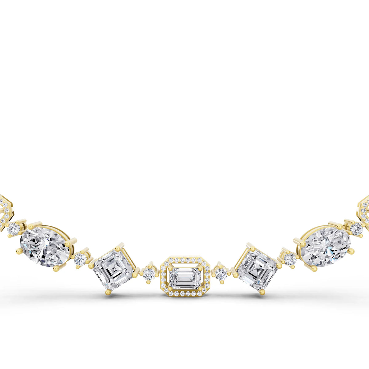 Yellow Gold Emerald Round Pear Alternating Lab Grown Diamond Necklace, view 2