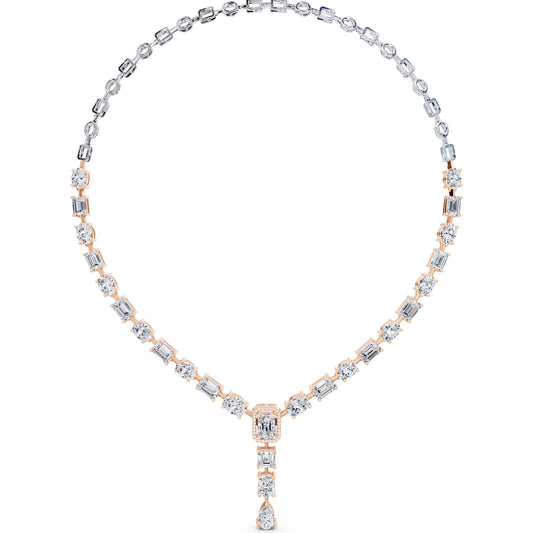 Rose Gold Emerald Oval Round Station Multi- Lab Grown Diamond Necklace