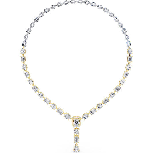 Yellow Gold Emerald Oval Round Station Multi- Lab Grown Diamond Necklace