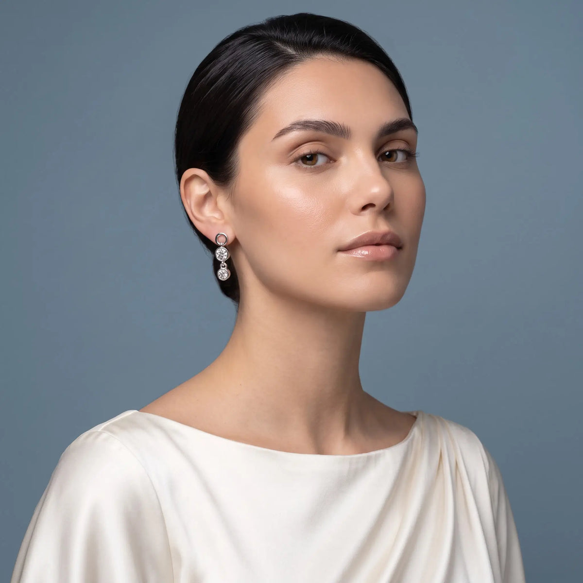 Platinum Cascading Round Diamond Drop Earrings - model beauty shot