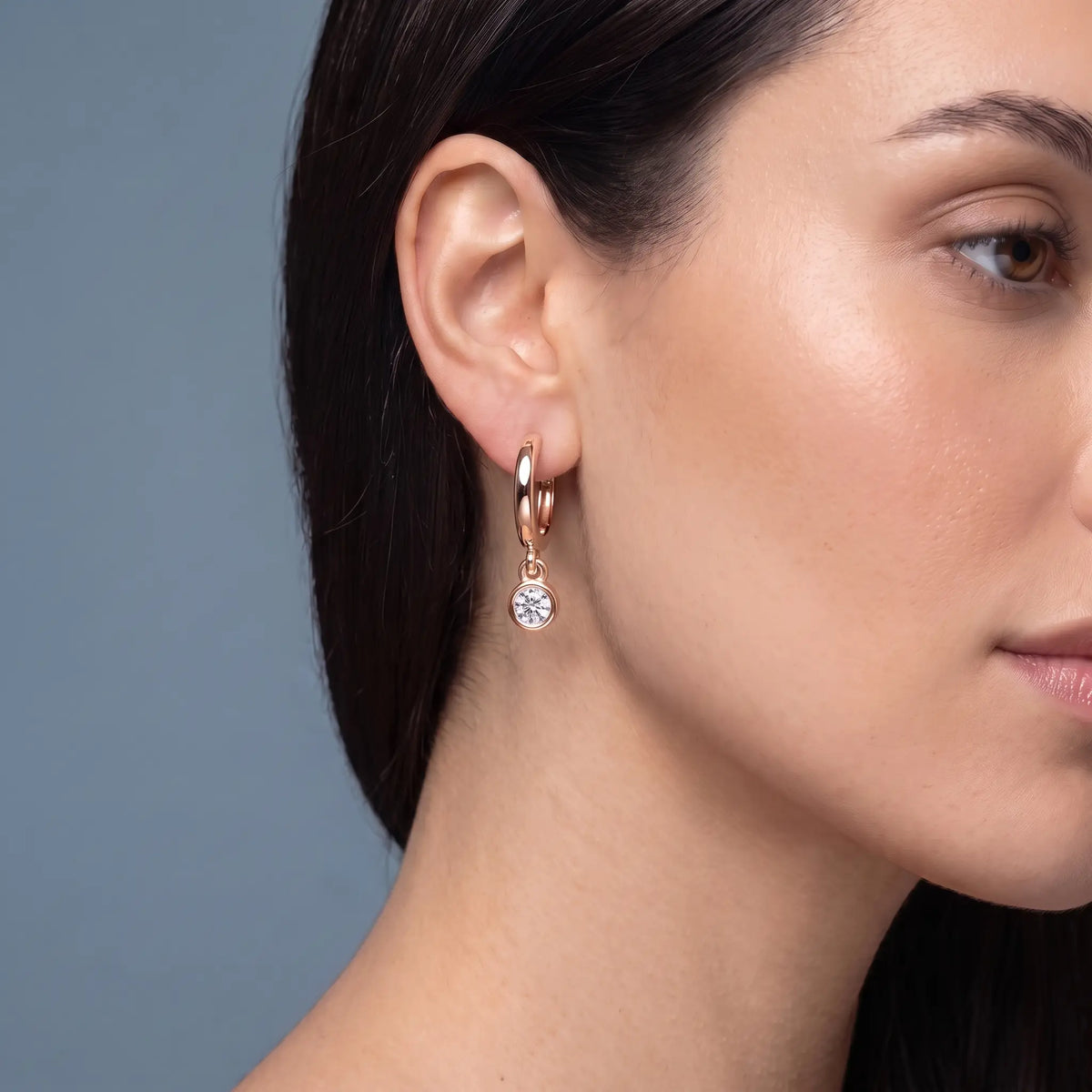 10KT Rose Gold Diamond Charm Hoop Earrings - worn close up
