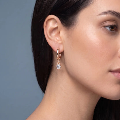 10KT Rose Gold Diamond Charm Hoop Earrings - worn close up