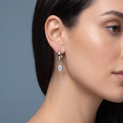 Silver Diamond Charm Hoop Earrings - worn close up