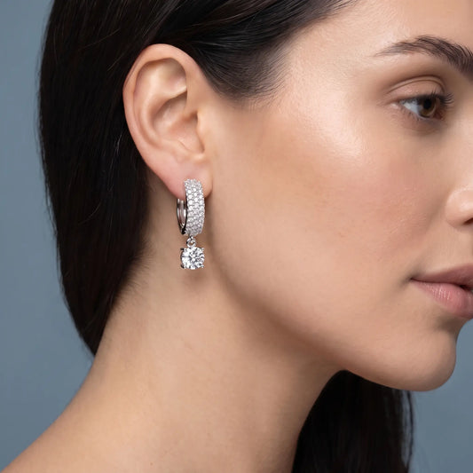 14KT White Gold Round Diamond Pave Hoop Earrings with Charm Drop - worn close up