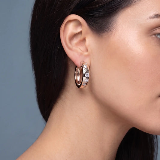 14KT Rose Gold Diamond Climber Hoop Earrings - worn close up