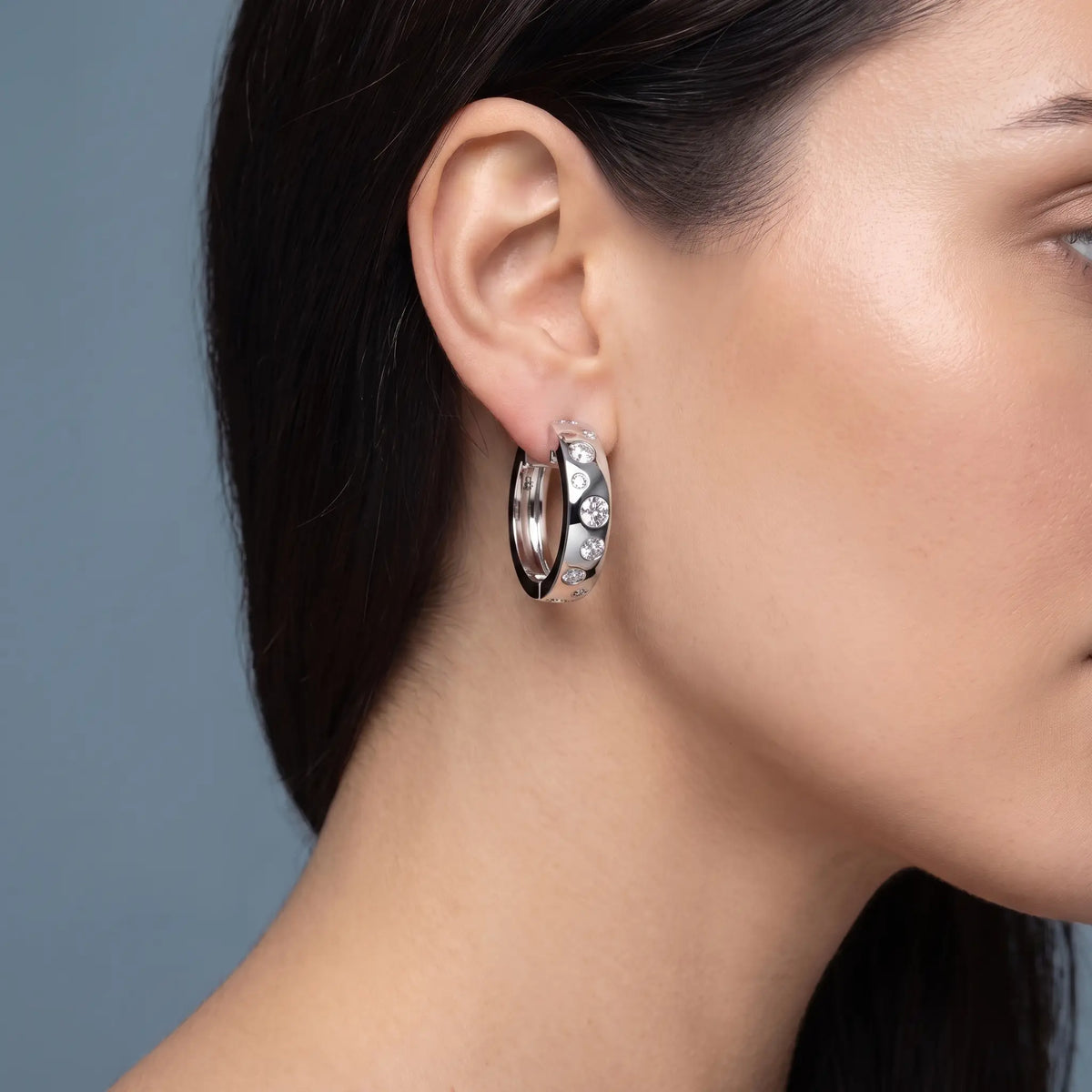 Platinum Diamond Climber Hoop Earrings - worn close up