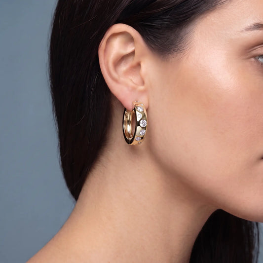 10KT Yellow Gold Diamond Climber Hoop Earrings - worn close up