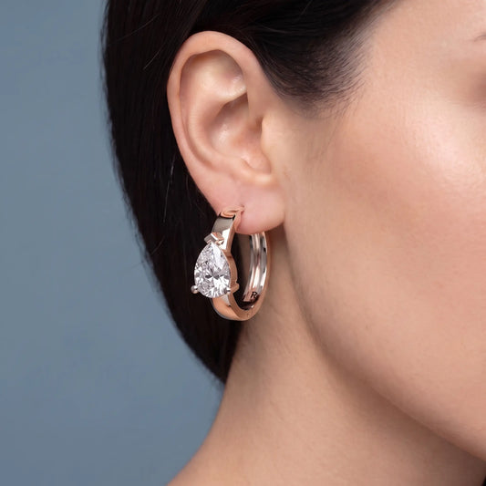 10KT Rose Gold Pear Diamond Charm Hoop Earrings - worn close up