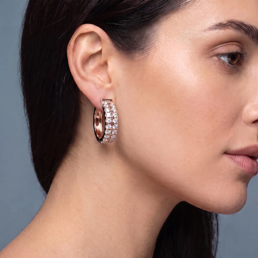 14KT Rose Gold Diamond Pave Hoop Earrings - worn close up