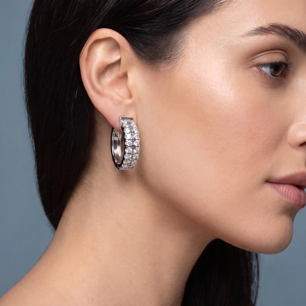 Silver Diamond Pave Hoop Earrings - worn close up