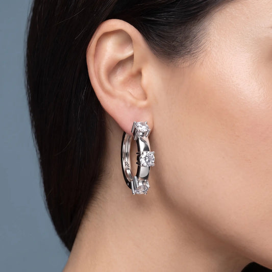 14KT White Gold Diamond Hoop Earrings - worn close up