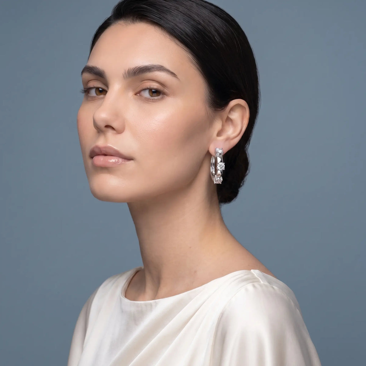 Platinum Diamond Hoop Earrings - model beauty shot