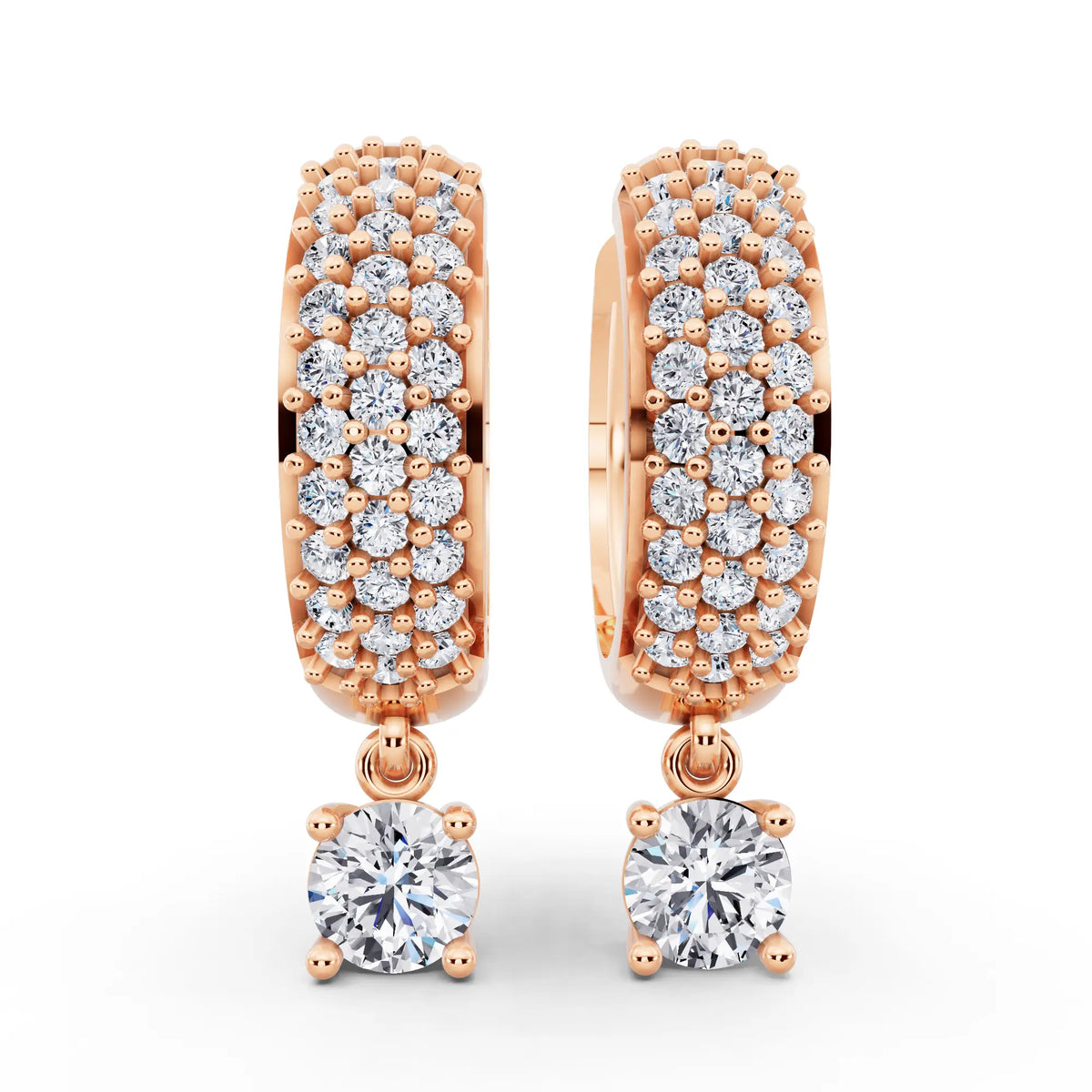 Rose Gold Round Lab Grown Diamond Pave Hoop Earrings with Charm Drop, front view